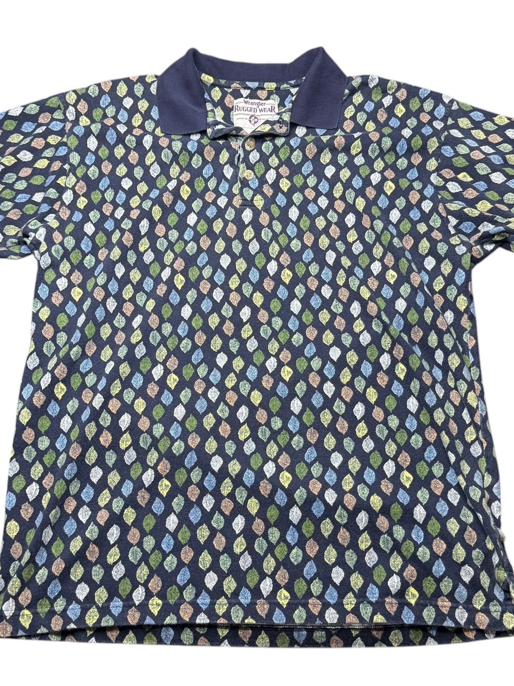 Vintage Wrangler Rugged Wear Polo Shirt Mens L All Over Leaf Print